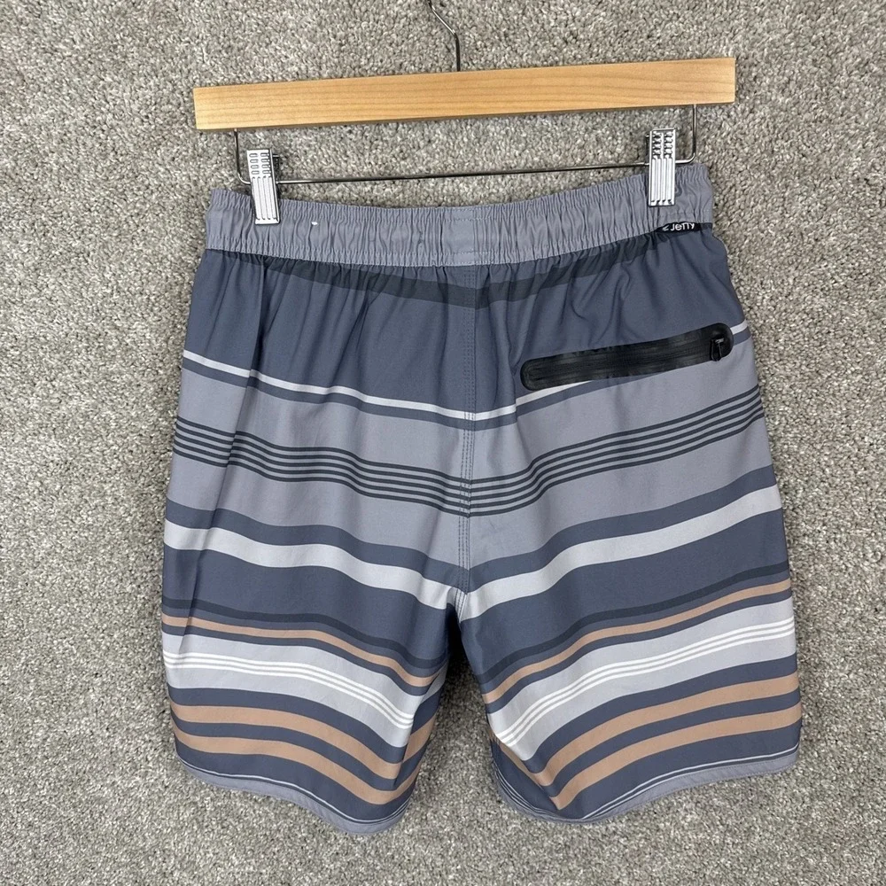 Jetty Mens Small Striped Board Shorts Grey Blue Tan Swim Trunks Recycled